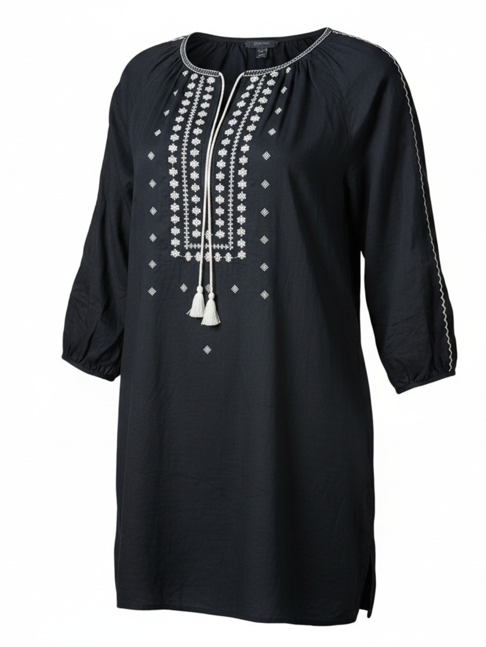 J. CREW | Black White Embroidered Cotton Semi- Sheer Boho Tunic / Cover-Up | M